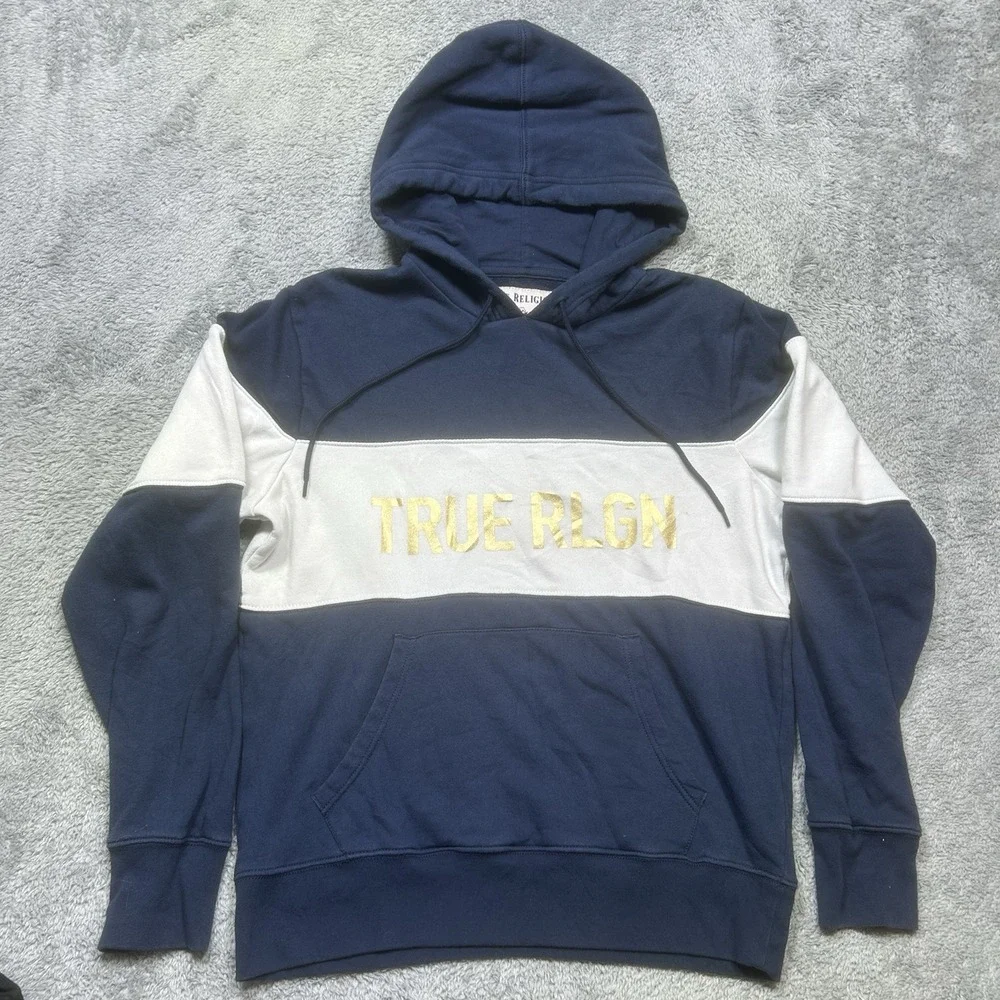 True Religion Hoodie Mens L Blue White Color Block Metallic Logo Sweatshirt SPOT
